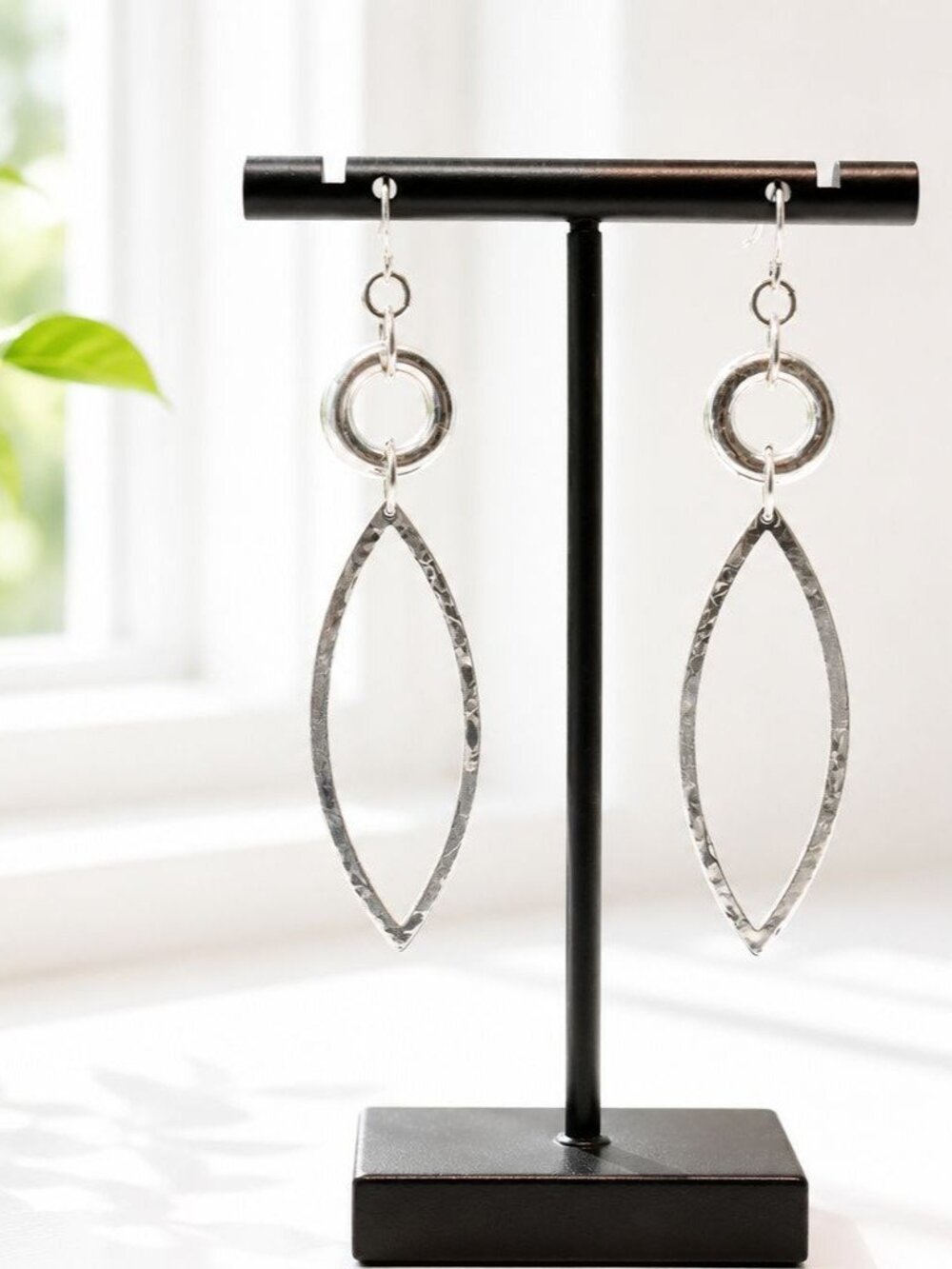 Hammered Silver-Tone Drop Dangle Earrings With Open Marquise & Circle Design